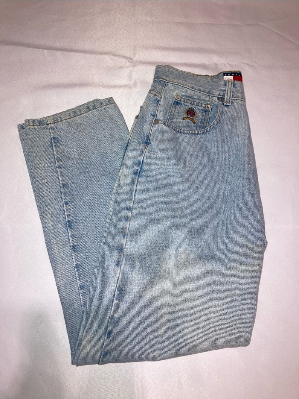 Vintage Tommy Hilfiger Light Blue Men’s Straight Jeans with Subtle Embroidery
